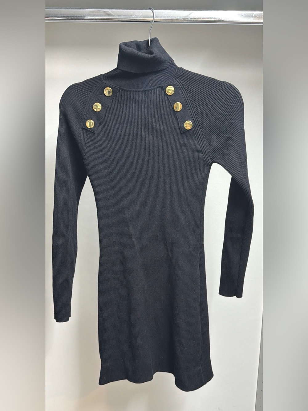 ZARA Black Ribbed Knit Mini Dress Gold Buttons Turtleneck Size M